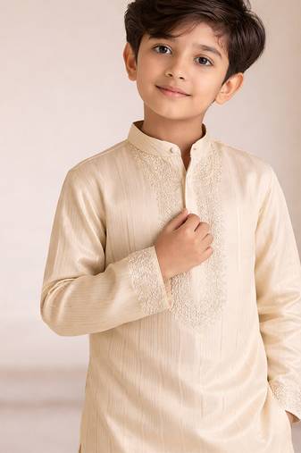 Gold embroidered chanderi kurta set