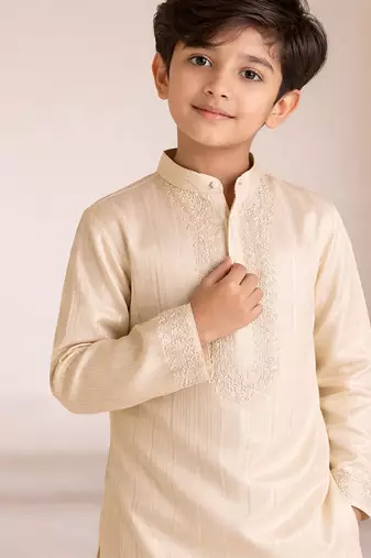Gold embroidered chanderi kurta set