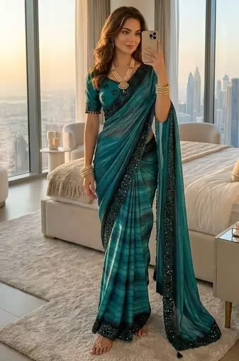 Blue Color sequence embroidery work chiffon Saree