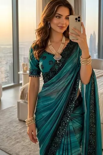 Blue Color sequence embroidery work chiffon Saree