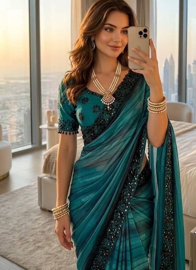 Blue Color sequence embroidery work chiffon Saree