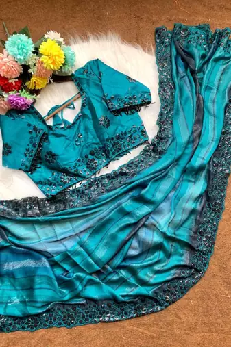 Blue Color sequence embroidery work chiffon Saree