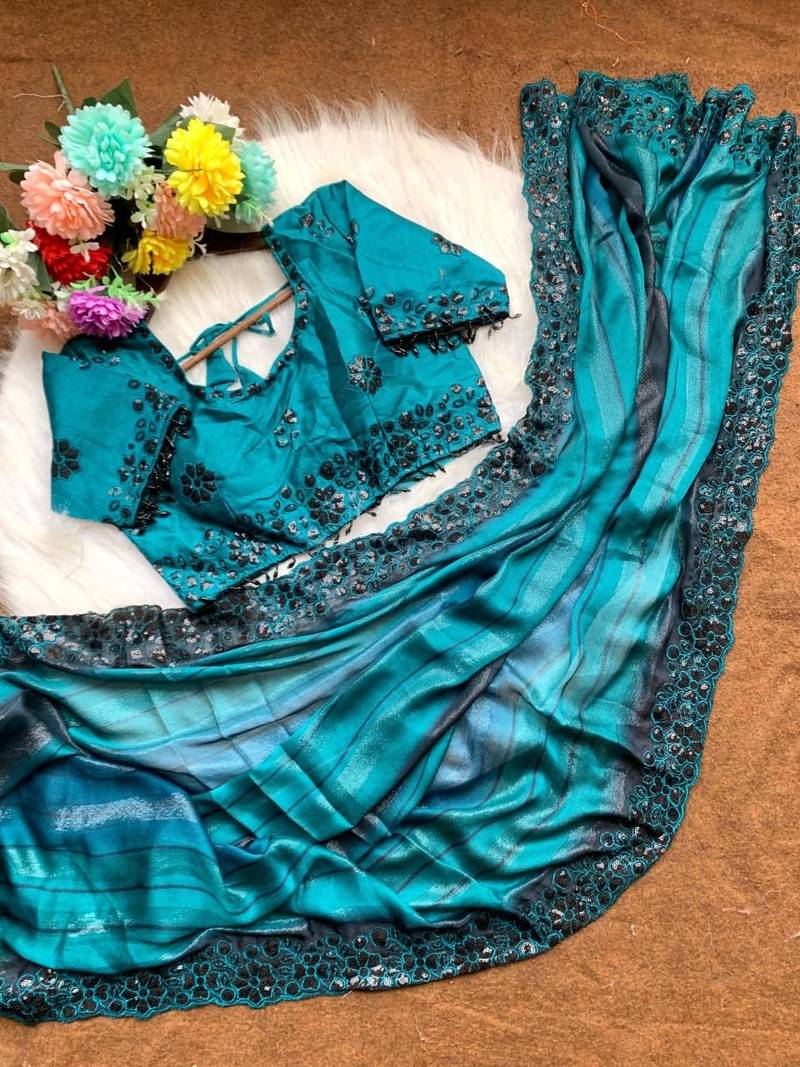 Blue Color sequence embroidery work chiffon Saree