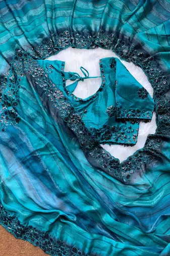 Blue Color sequence embroidery work chiffon Saree