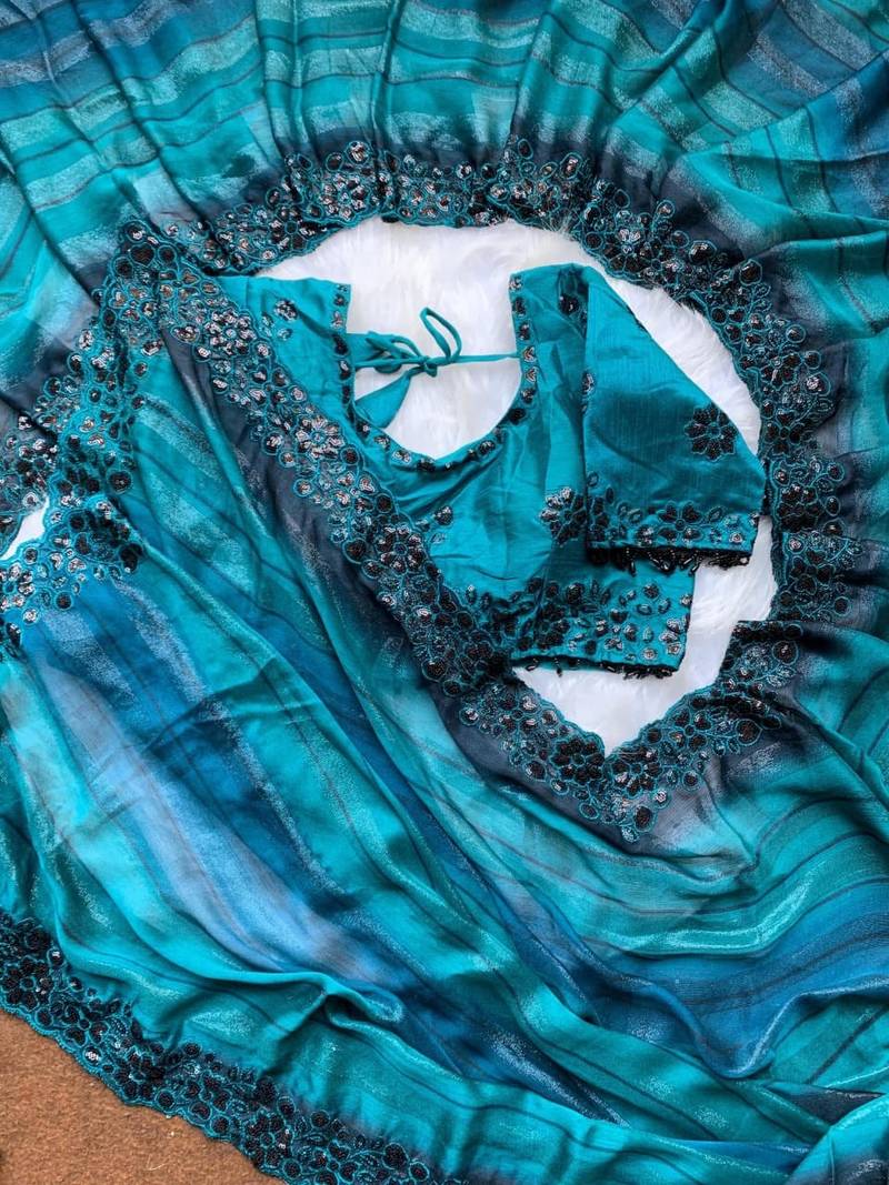 Blue Color sequence embroidery work chiffon Saree