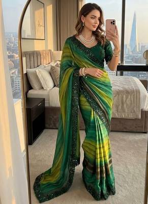 Green Color sequence embroidery work chiffon Saree 1