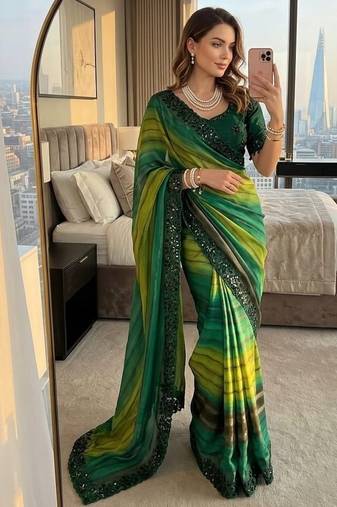 Green Color sequence embroidery work chiffon Saree