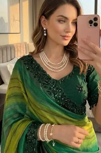 Green Color sequence embroidery work chiffon Saree