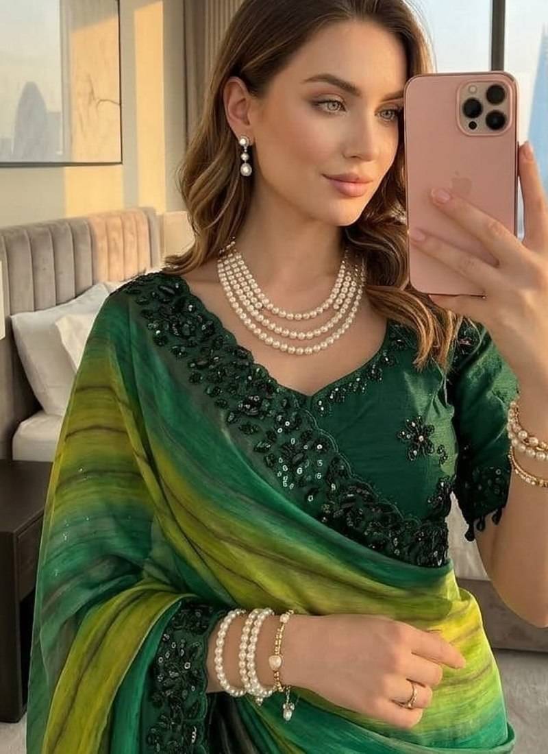 Green Color sequence embroidery work chiffon Saree