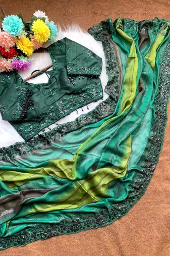 Green Color sequence embroidery work chiffon Saree