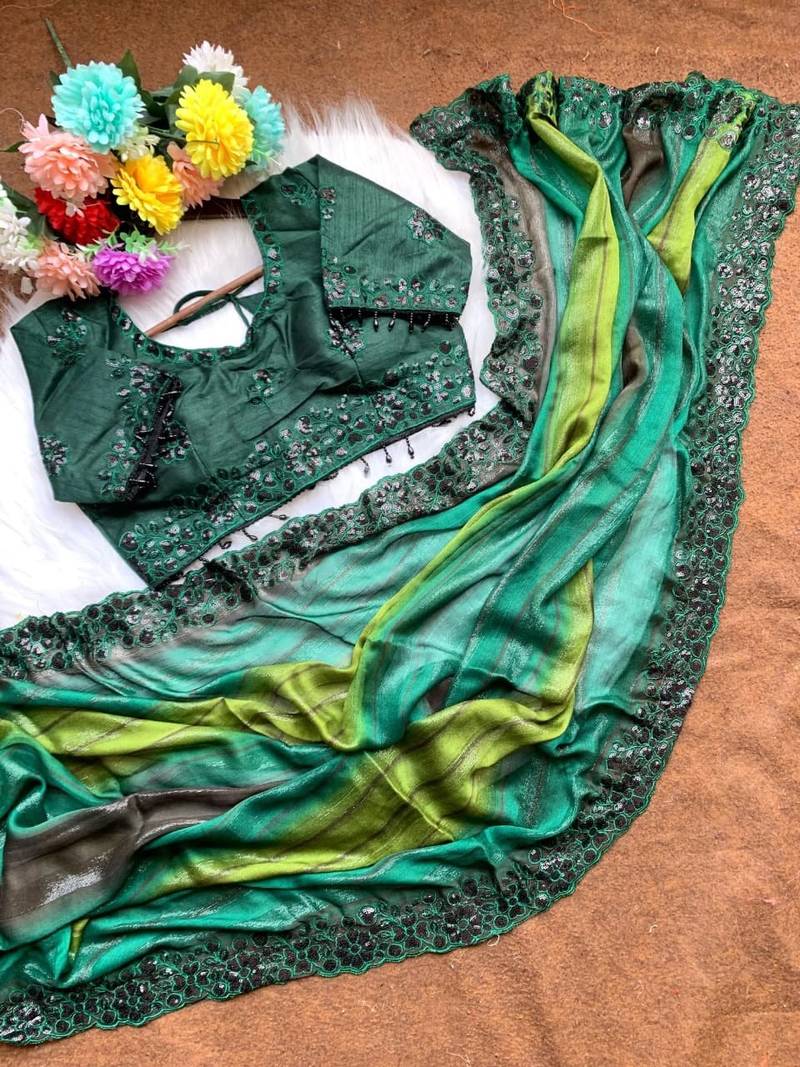 Green Color sequence embroidery work chiffon Saree