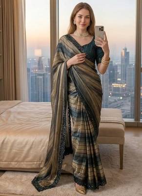 Grey Color sequence embroidery work chiffon Saree 1