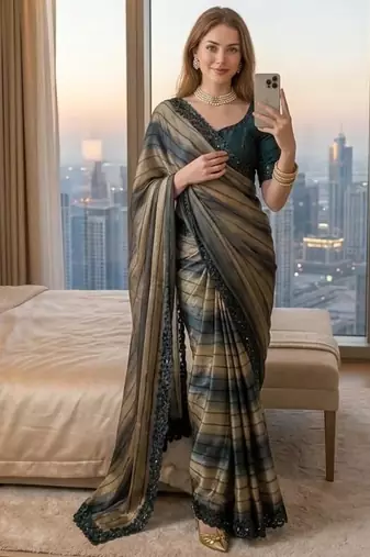 Grey Color sequence embroidery work chiffon Saree