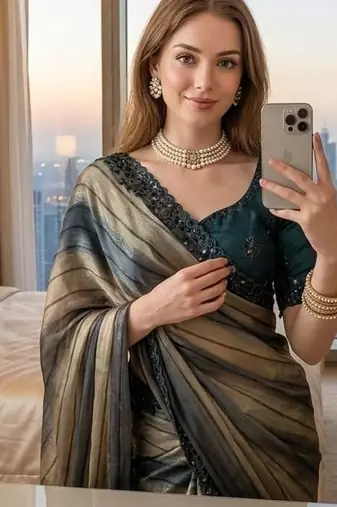 Grey Color sequence embroidery work chiffon Saree