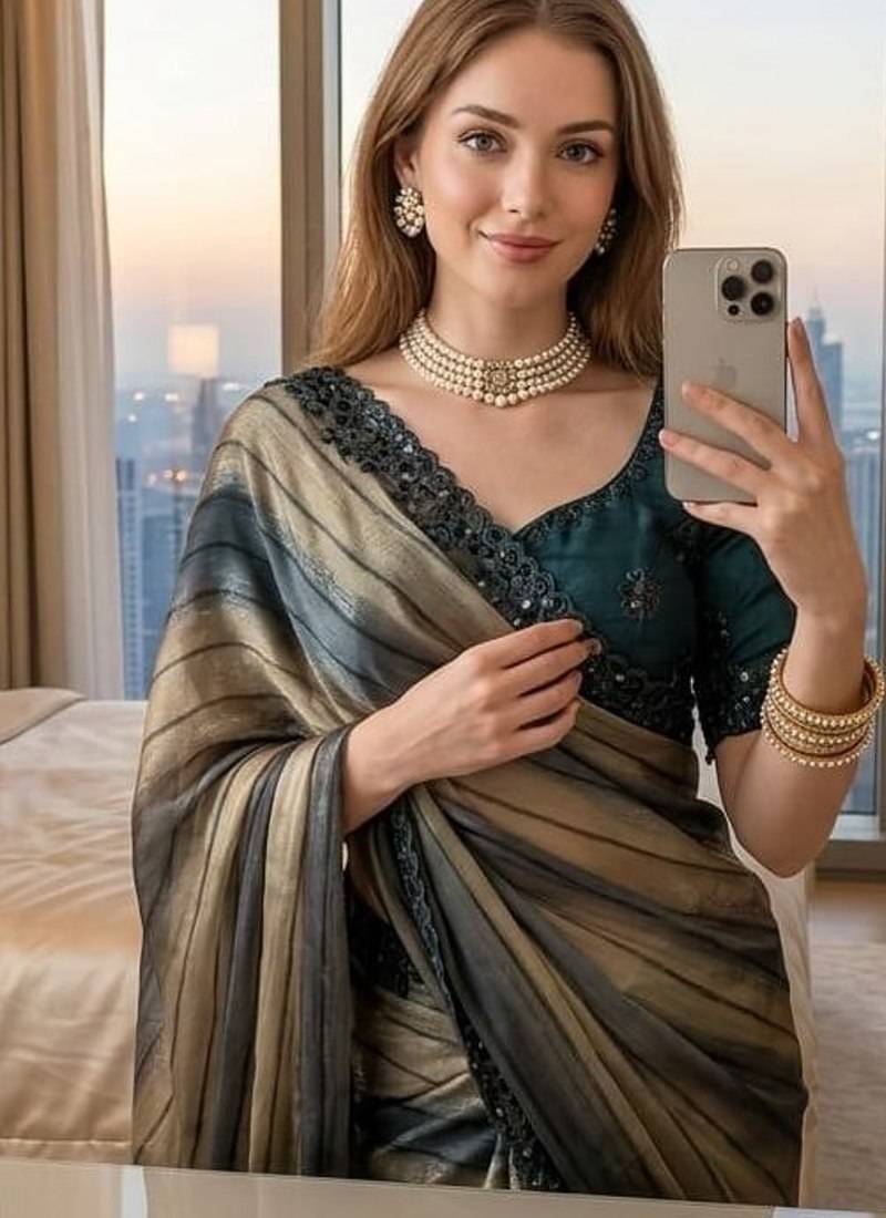 Grey Color sequence embroidery work chiffon Saree