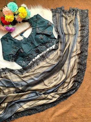 Grey Color sequence embroidery work chiffon Saree 3
