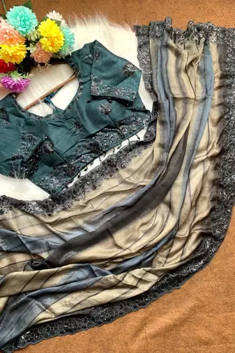 Grey Color sequence embroidery work chiffon Saree