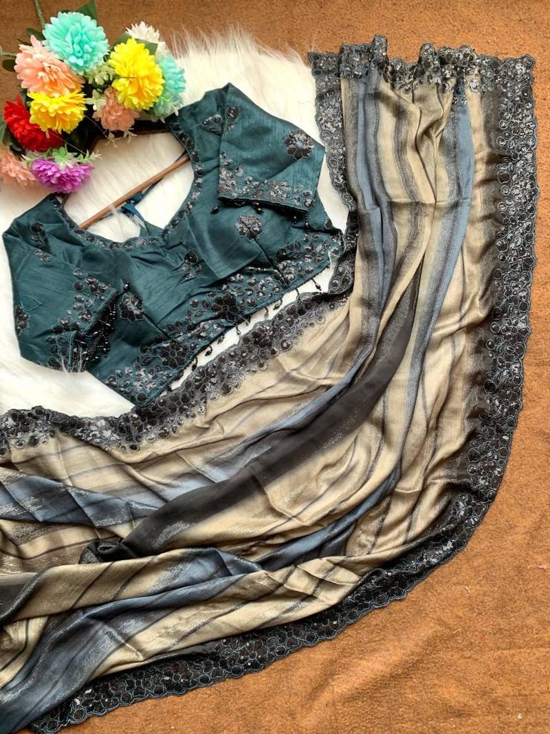 Grey Color sequence embroidery work chiffon Saree