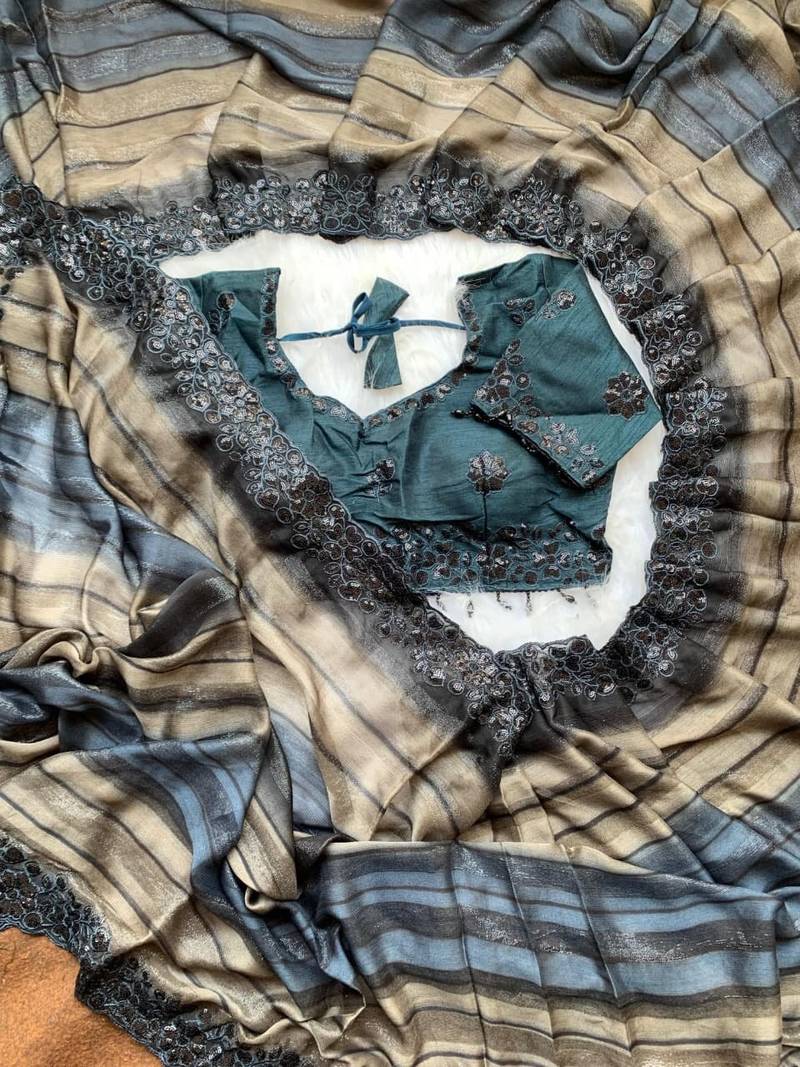 Grey Color sequence embroidery work chiffon Saree