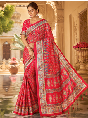 Red Dola Silk Blend Saree with Blouse 1