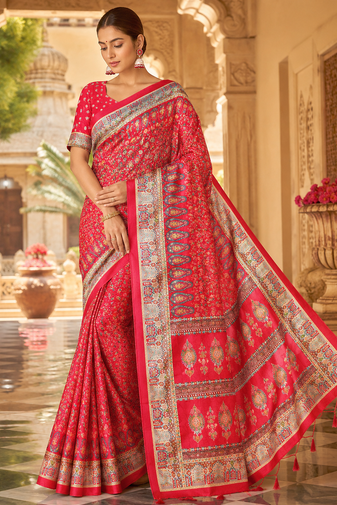 Red Dola Silk Blend Saree with Blouse