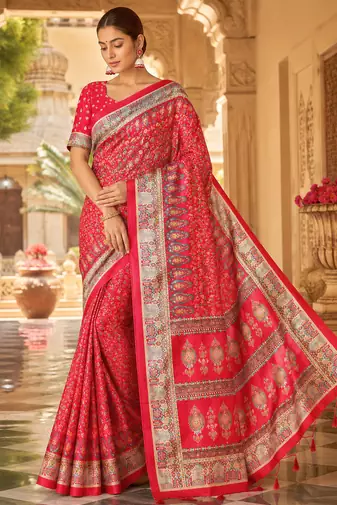 Red Dola Silk Blend Saree with Blouse