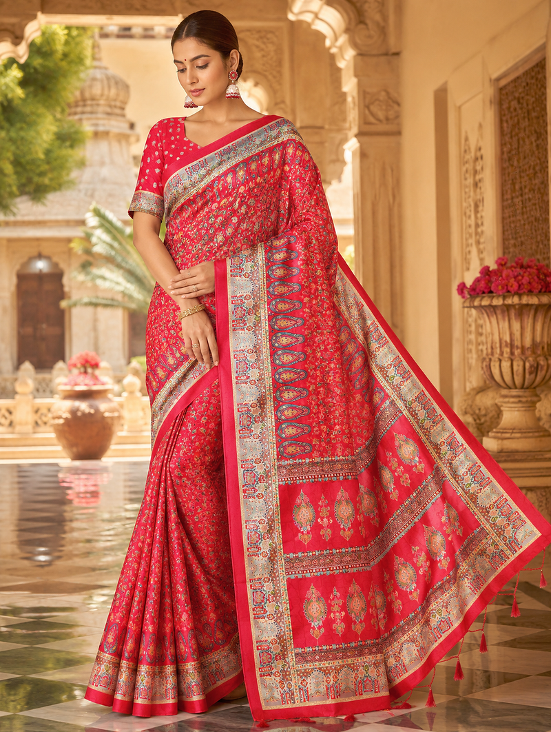 Red Dola Silk Blend Saree with Blouse