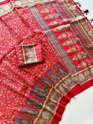 Red Dola Silk Blend Saree with Blouse 2