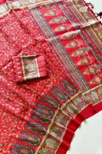 Red Dola Silk Blend Saree with Blouse