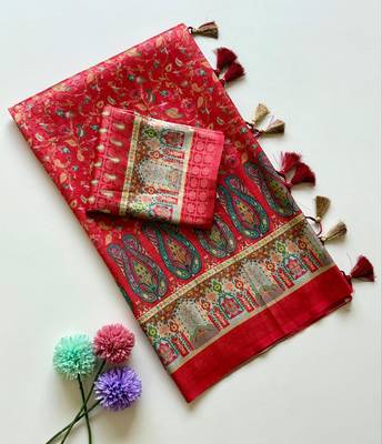 Red Dola Silk Blend Saree with Blouse 3
