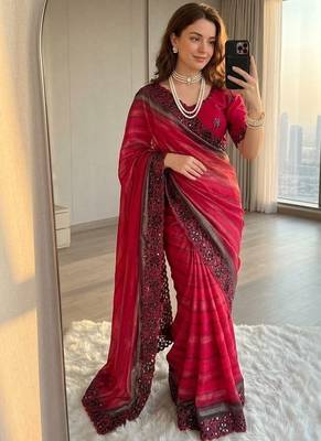 Rani Pink Color sequence embroidery work chiffon Saree 1
