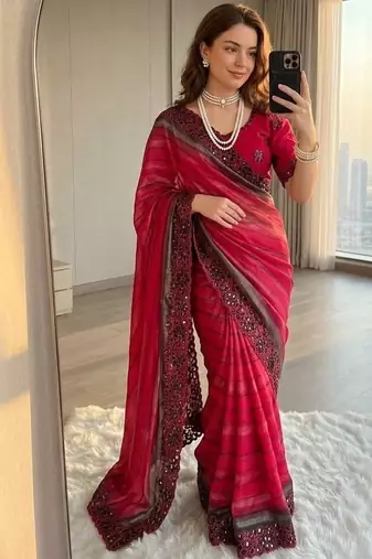 Rani Pink Color sequence embroidery work chiffon Saree