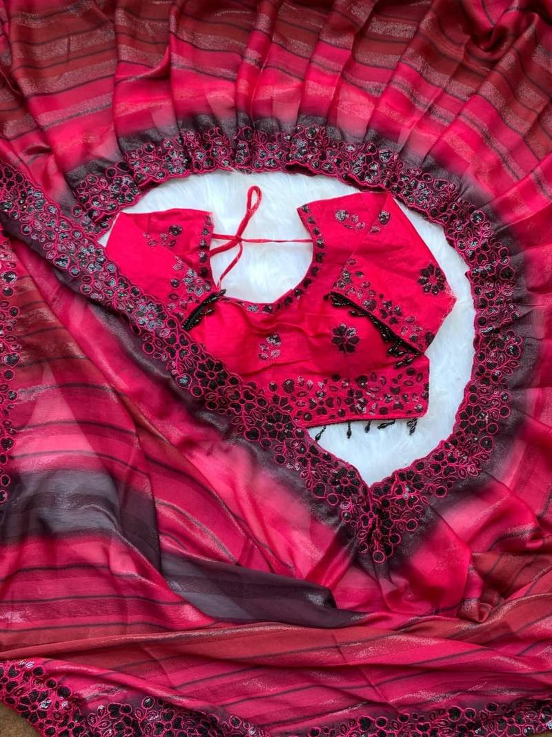 Rani Pink Color sequence embroidery work chiffon Saree