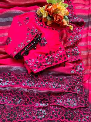 Rani Pink Color sequence embroidery work chiffon Saree 3