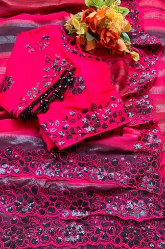 Rani Pink Color sequence embroidery work chiffon Saree
