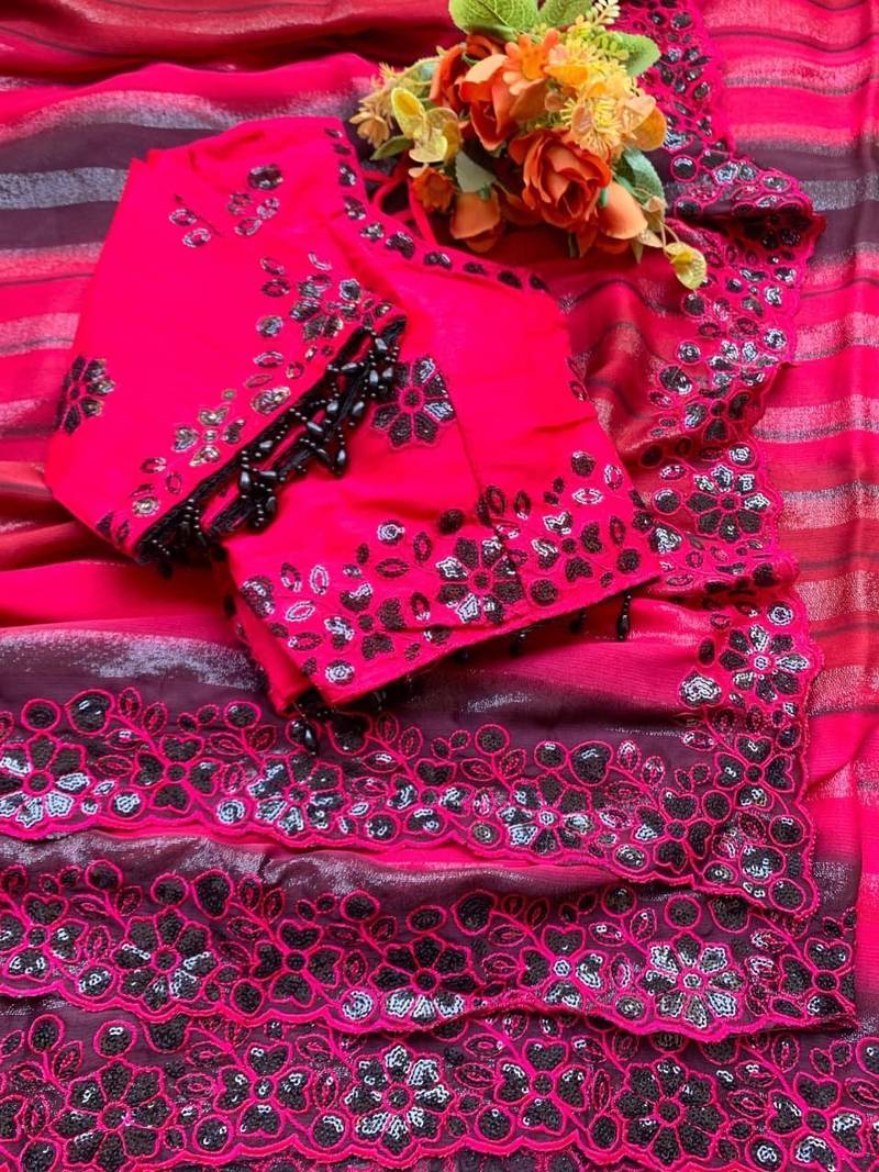 Rani Pink Color sequence embroidery work chiffon Saree