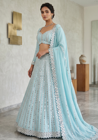 Baby Blue Heavy Foil Mirror Work Lehenga Choli Set for Women