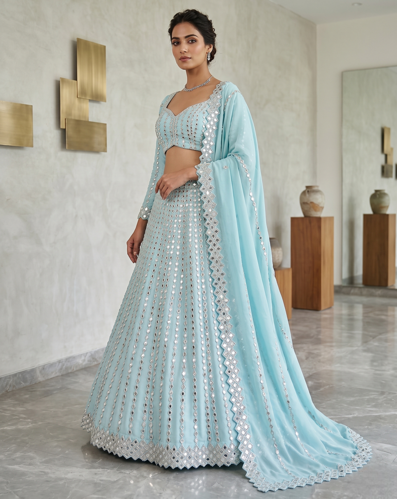 Baby Blue Heavy Foil Mirror Work Lehenga Choli Set for Women