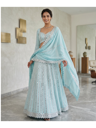 Baby Blue Heavy Foil Mirror Work Lehenga Choli Set for Women 2