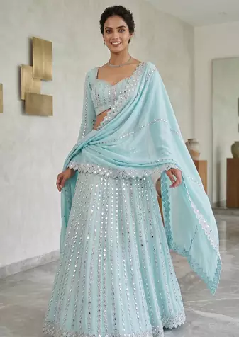 Baby Blue Heavy Foil Mirror Work Lehenga Choli Set for Women