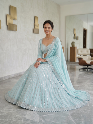 Baby Blue Heavy Foil Mirror Work Lehenga Choli Set for Women 3