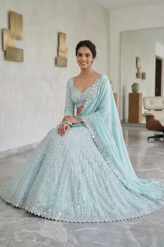Baby Blue Heavy Foil Mirror Work Lehenga Choli Set for Women