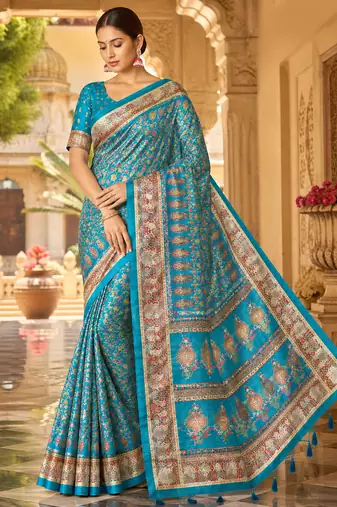 Teal Color Silk Blend Saree with Blouse