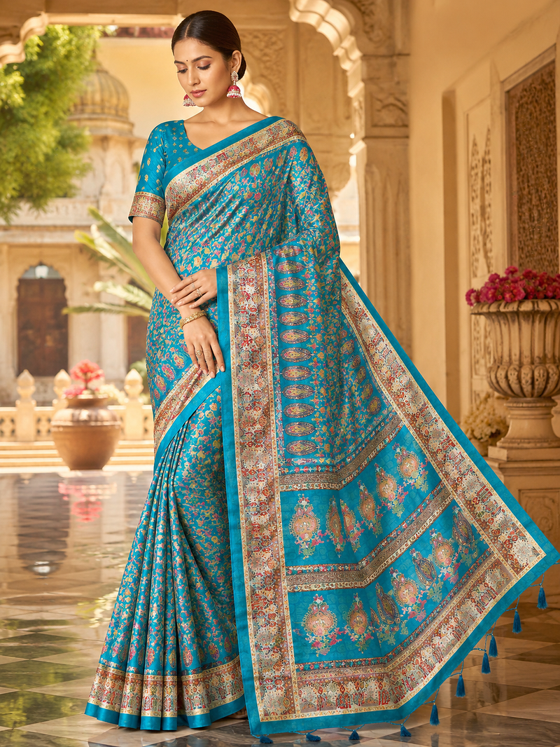 Teal Color Silk Blend Saree with Blouse
