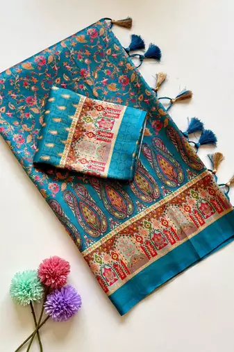 Teal Color Silk Blend Saree with Blouse
