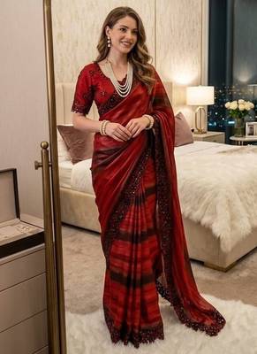 Red Color sequence embroidery work chiffon Saree 1
