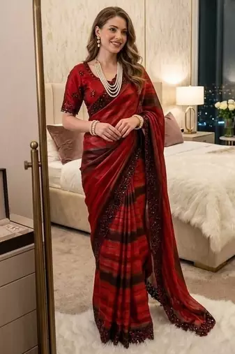 Red Color sequence embroidery work chiffon Saree