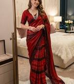 Red Color sequence embroidery work chiffon Saree
