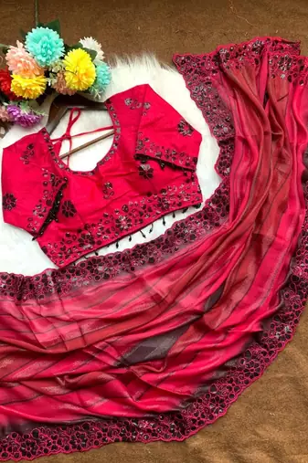 Red Color sequence embroidery work chiffon Saree