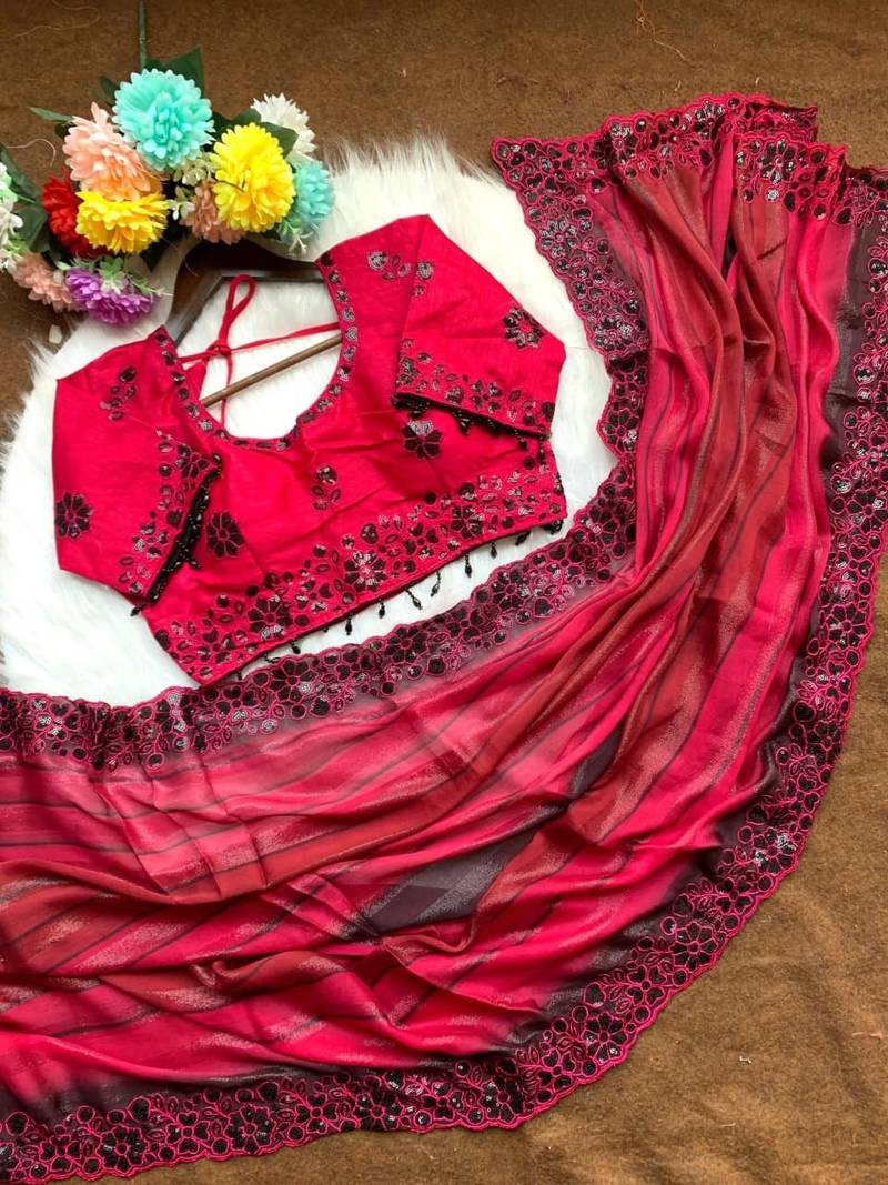 Red Color sequence embroidery work chiffon Saree